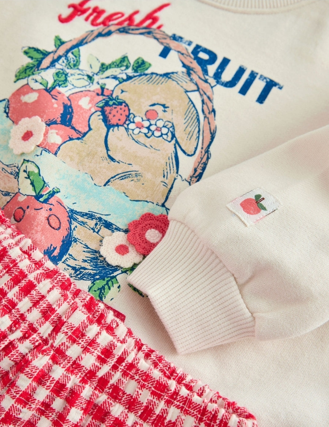 Cream Gingham Fruit Market Crew
Neck Sweatshirt & Shorts Set
