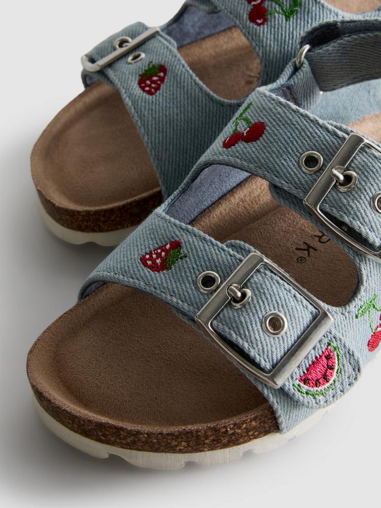 Embroidered Double Buckle Strap Denim Sandals
