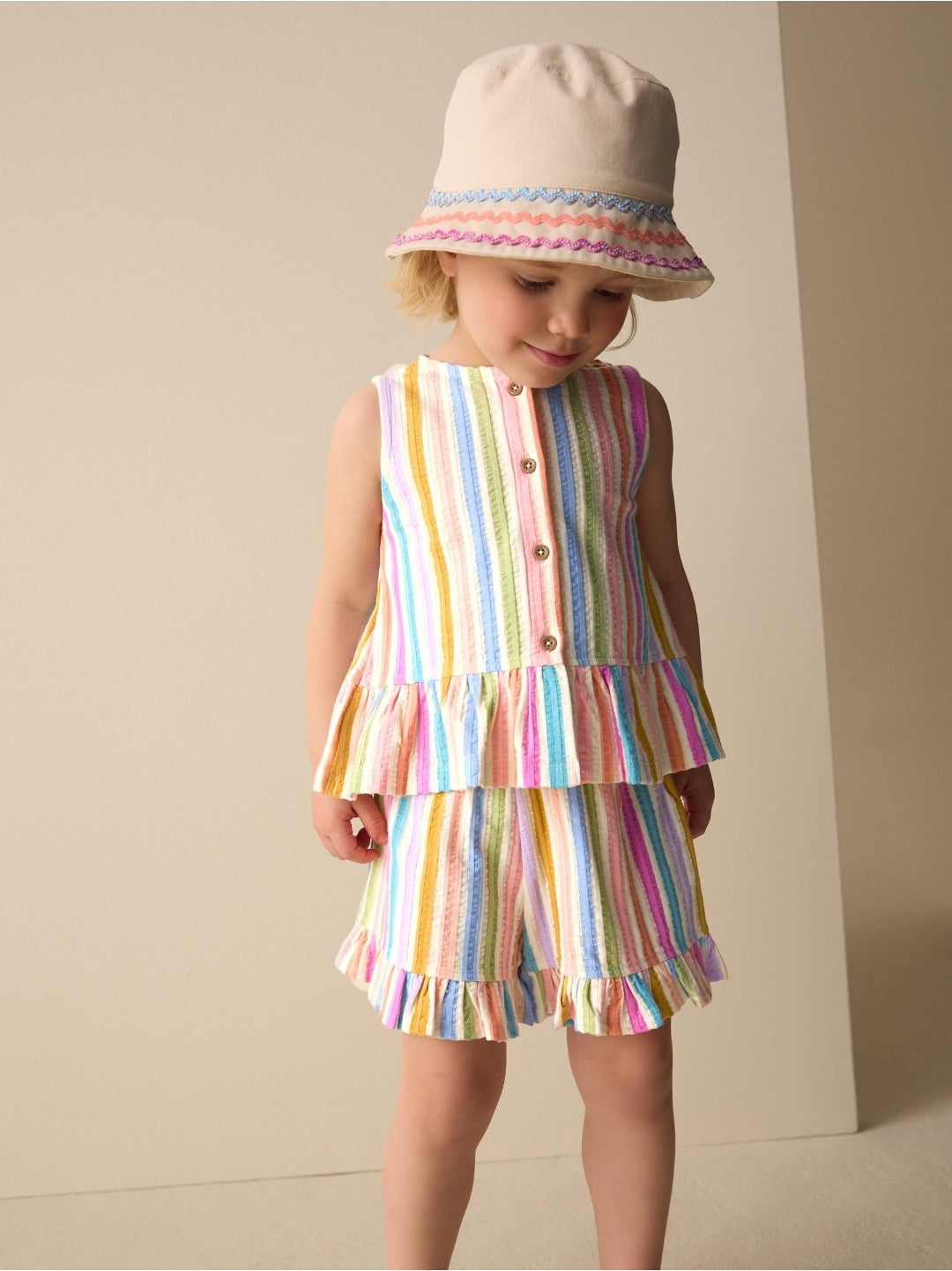 Pink/Blue Rainbow Stripe Peplum
Vest and Shorts Set
