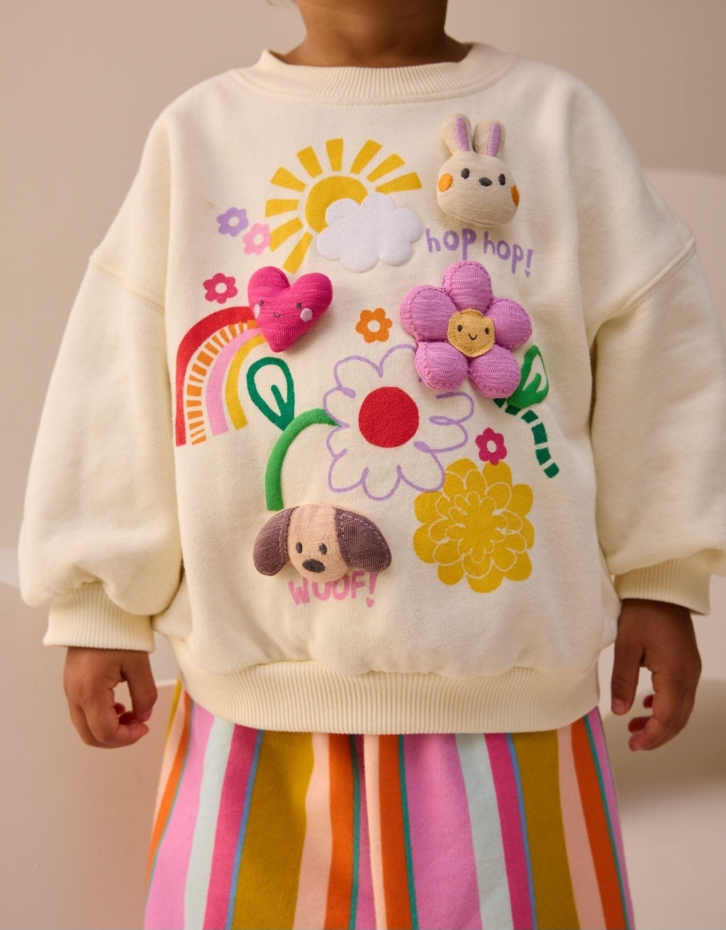 Cream Stripe Padded Characters Sweatshirt and Barrel Leg Jogger
