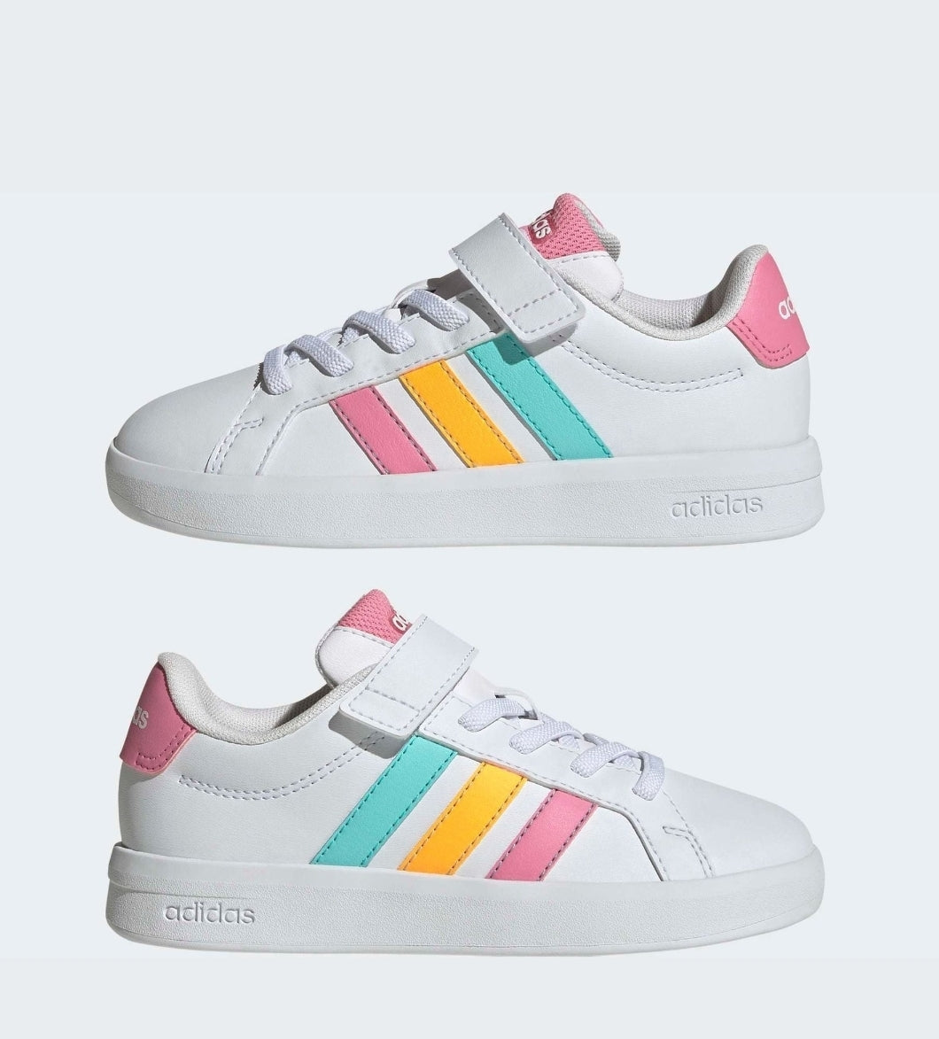 adidas White/Multi Grand Court 3.0 Elastic Lace Kids Trainers