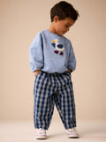 Dark Blue Grid Check Barrel Jeans