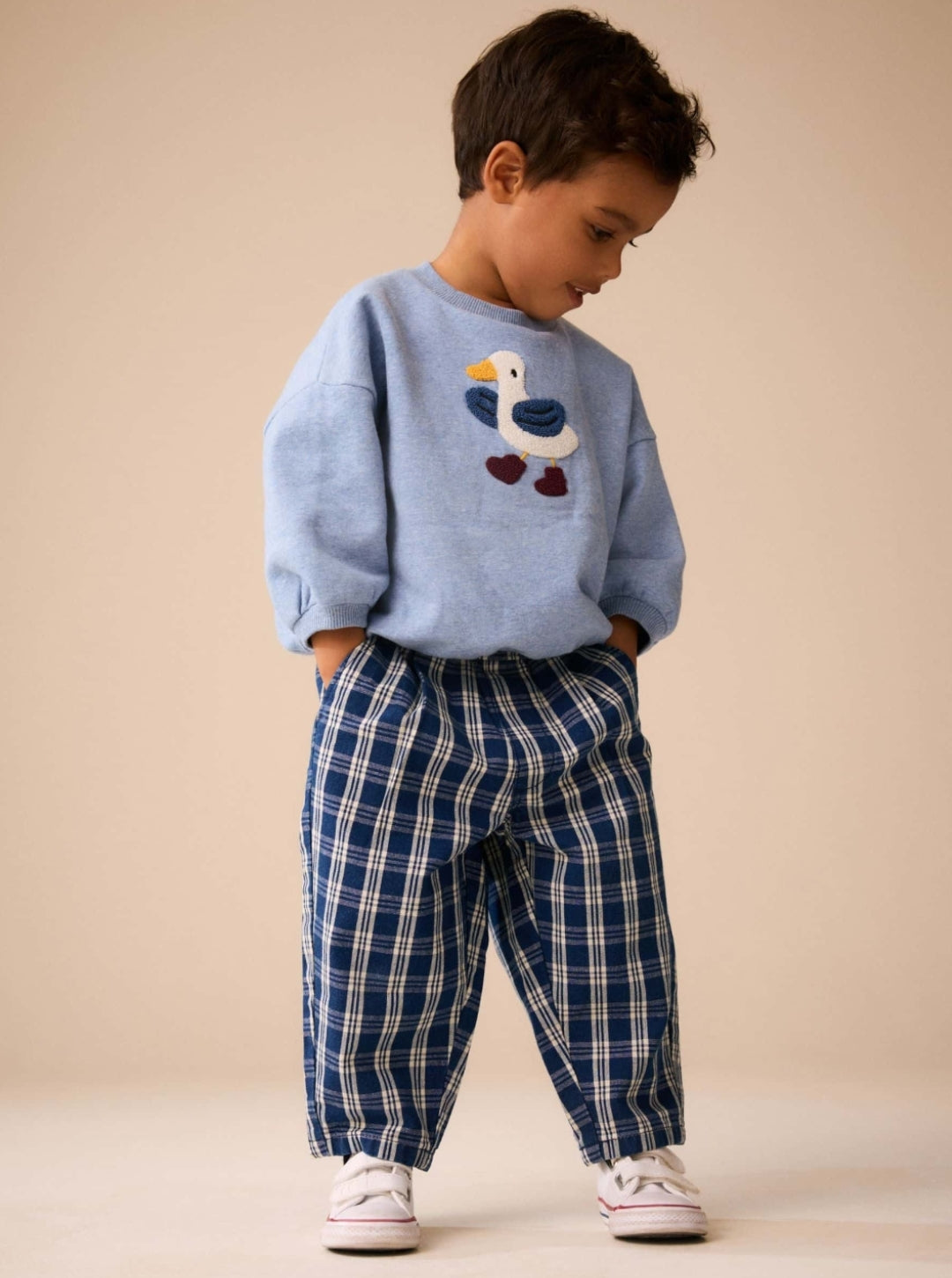 Dark Blue Grid Check Barrel Jeans