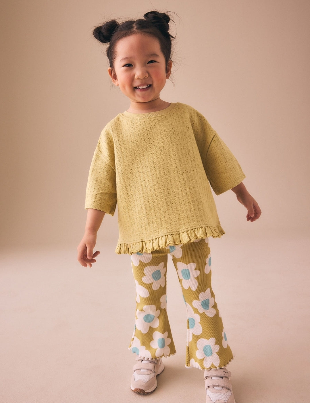 Green Stampy Flower Short Sleeve Top and Flare Set
