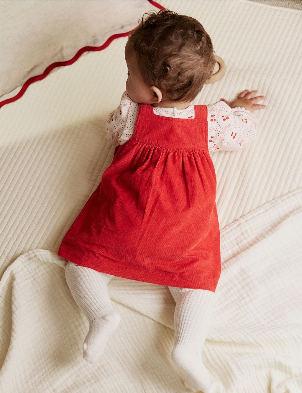 Red Bow Baby Cord Pinafore Long Sleeve Bodysuit & Tights Set