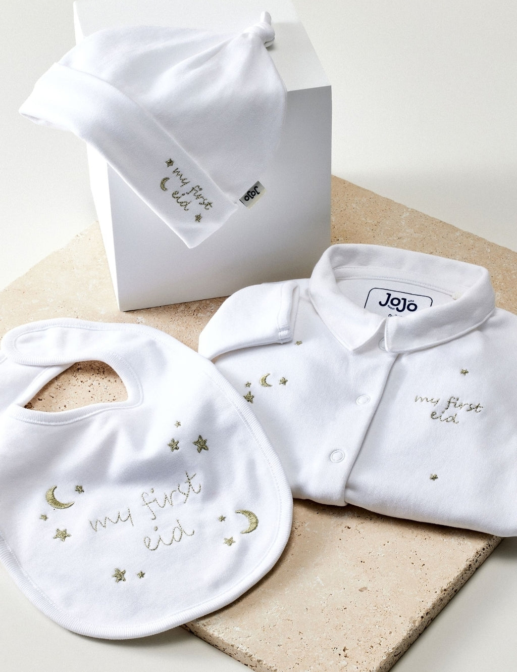 JoJo Maman Bébé White 100% Cotton Embroidered Eid Sleepsuit