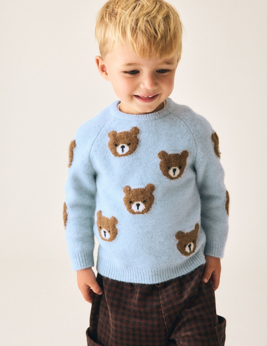 Light Blue Bear All Over Character Knitted Crew Neck Jumper