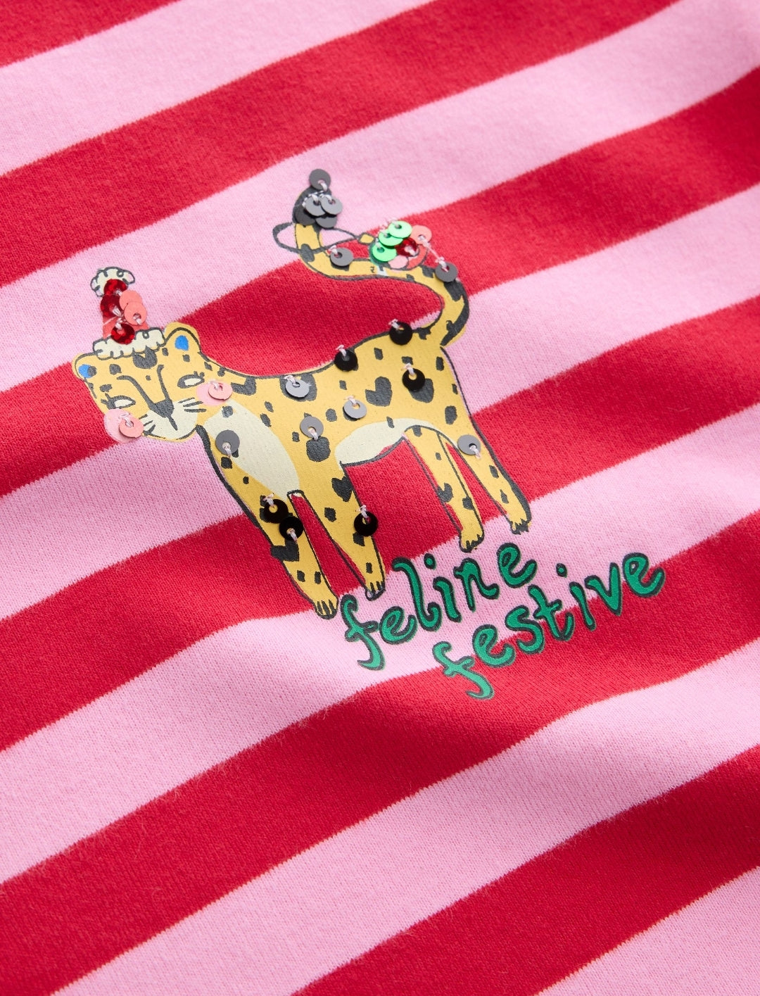 Red Stripe Christmas Cat Sequin Long Sleeve Top