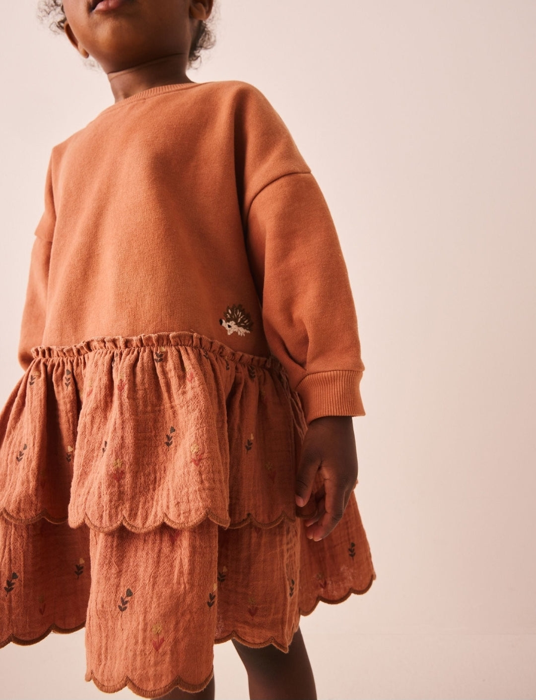 Orange Hedgehog Embroidery Long Sleeve Sweat Dress
