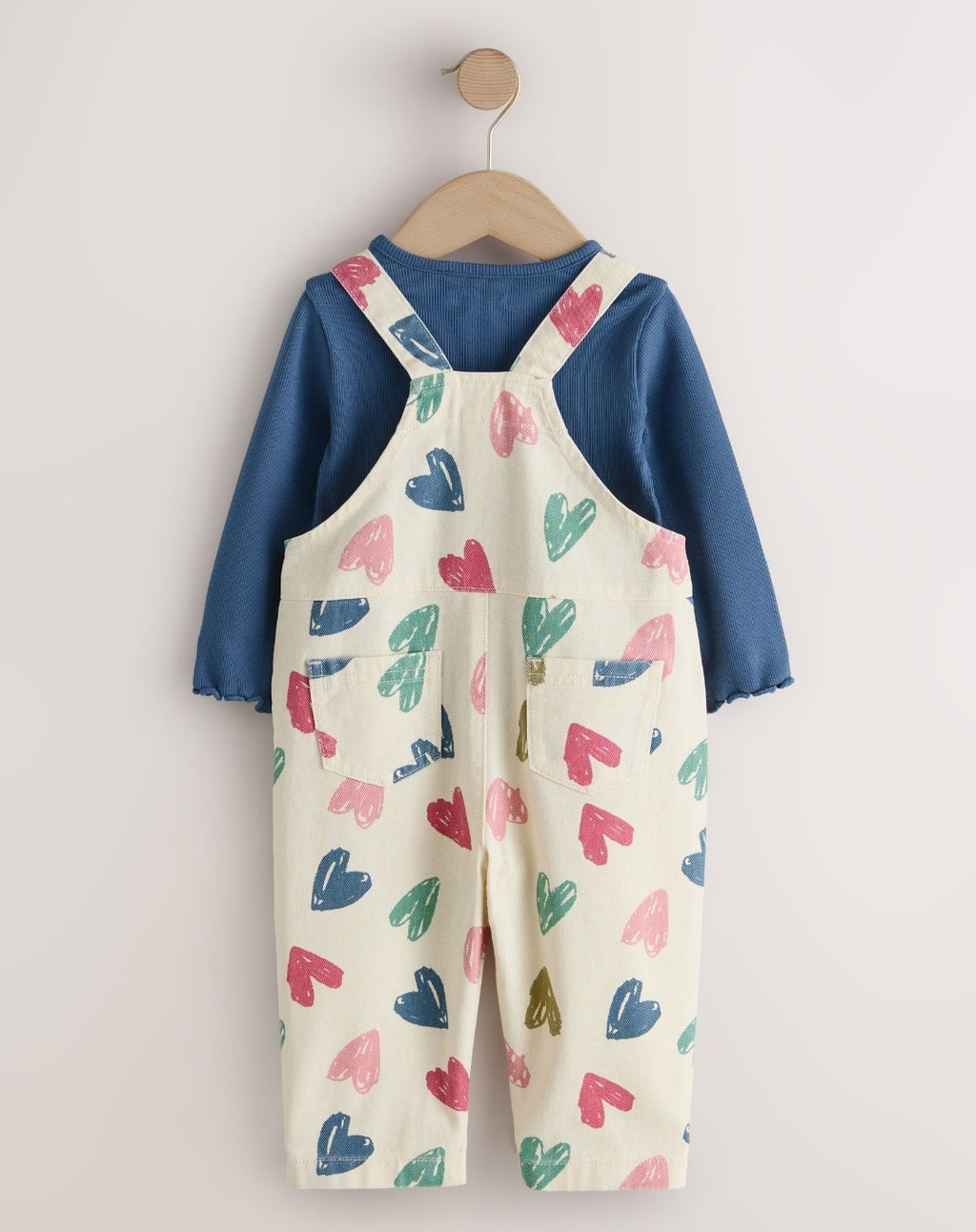 Ecru Heart Print Dungarees and T-Shirt Set