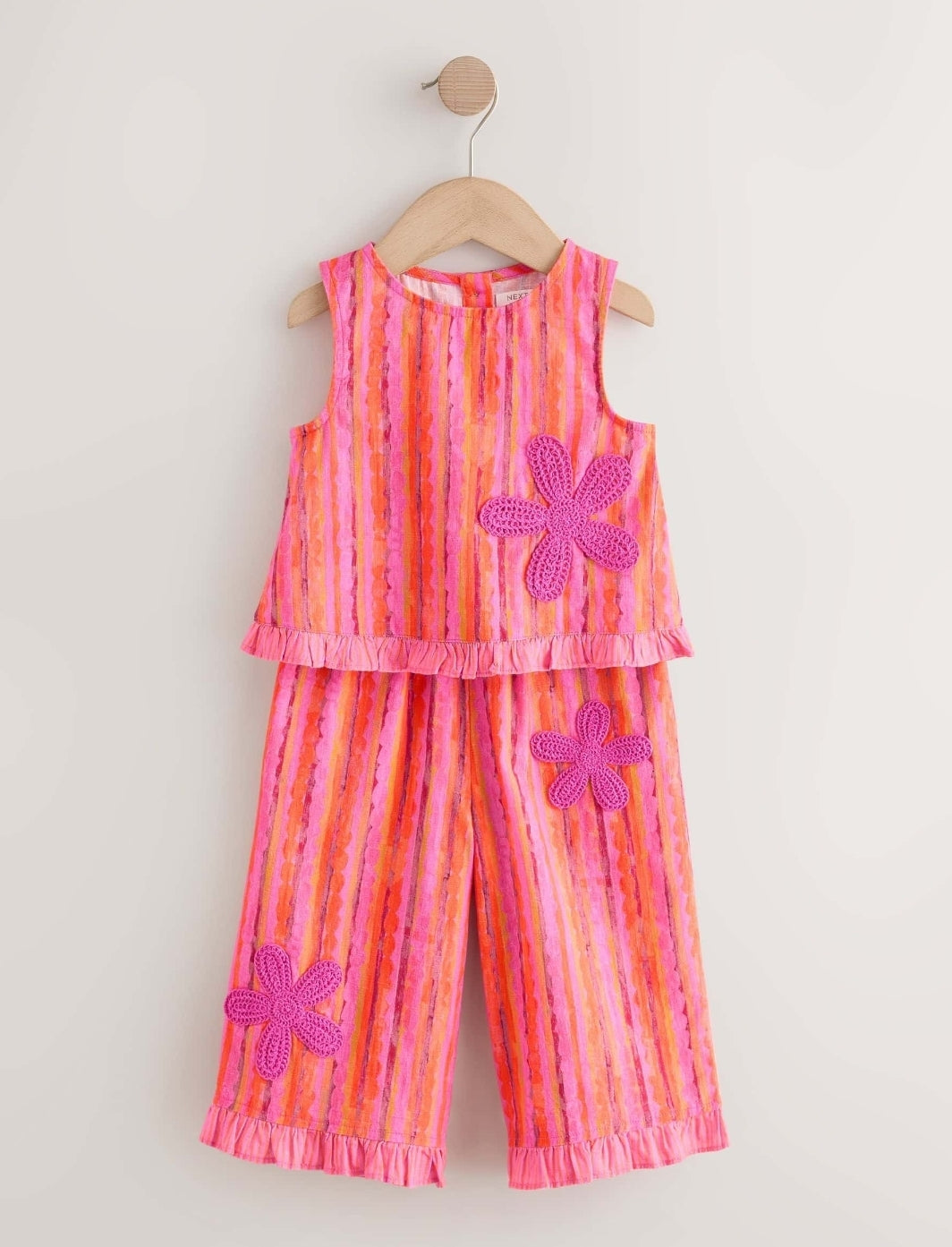 Pink/Orange Stripe / Crochet
Flowers Top & Trousers Set
