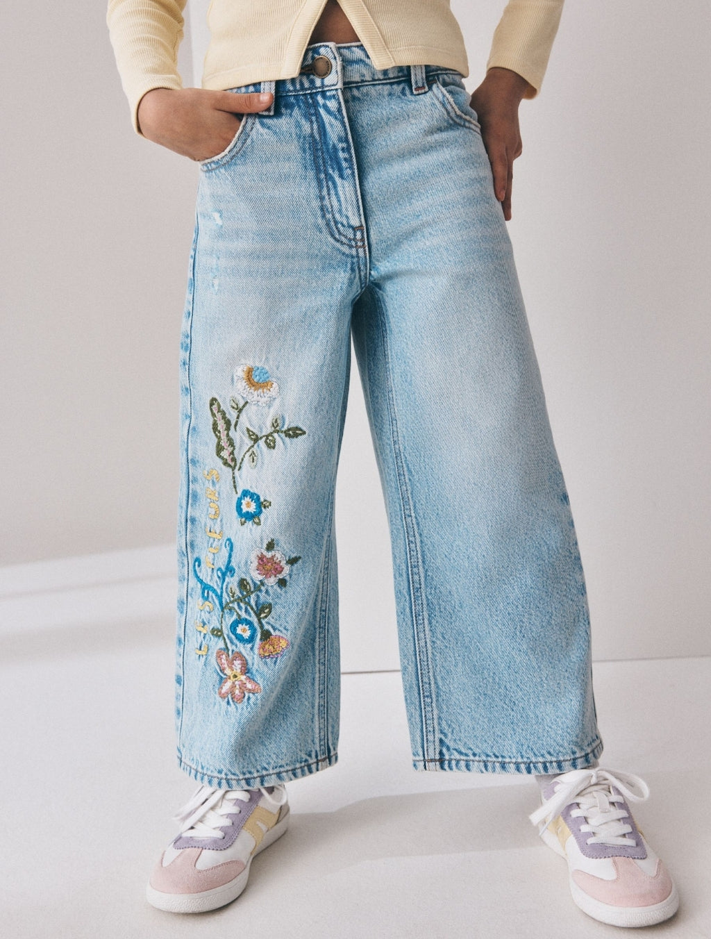 Floral Embroidered Wide Leg Jeans