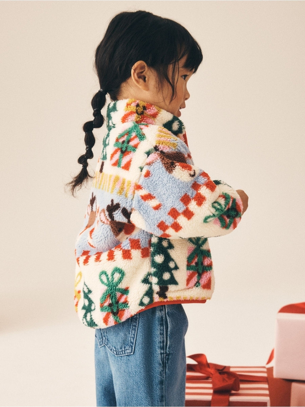 Cream Christmas Santa Zip UpFleece