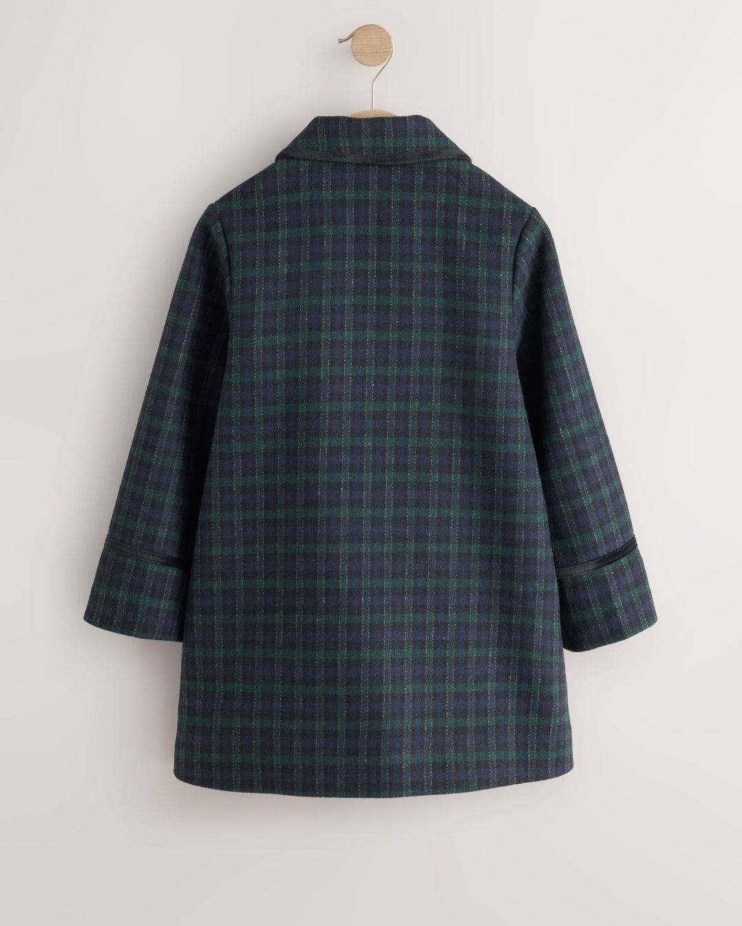 Navy Check Wool Blend Coat with Bow Details