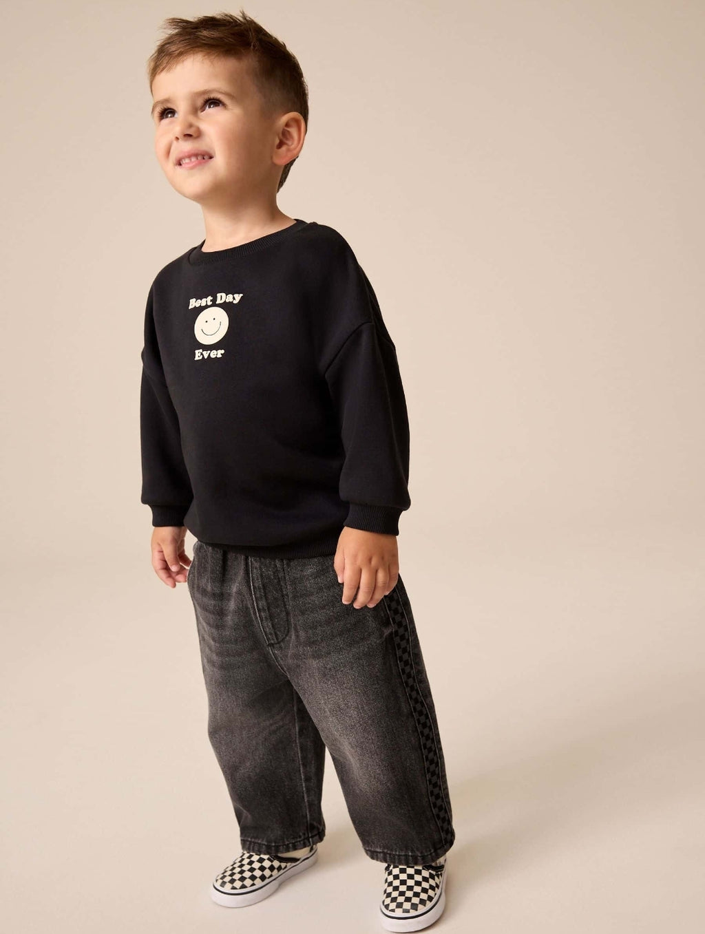 Grey Checkeboard Side Stripe Wide Fit Jeans
