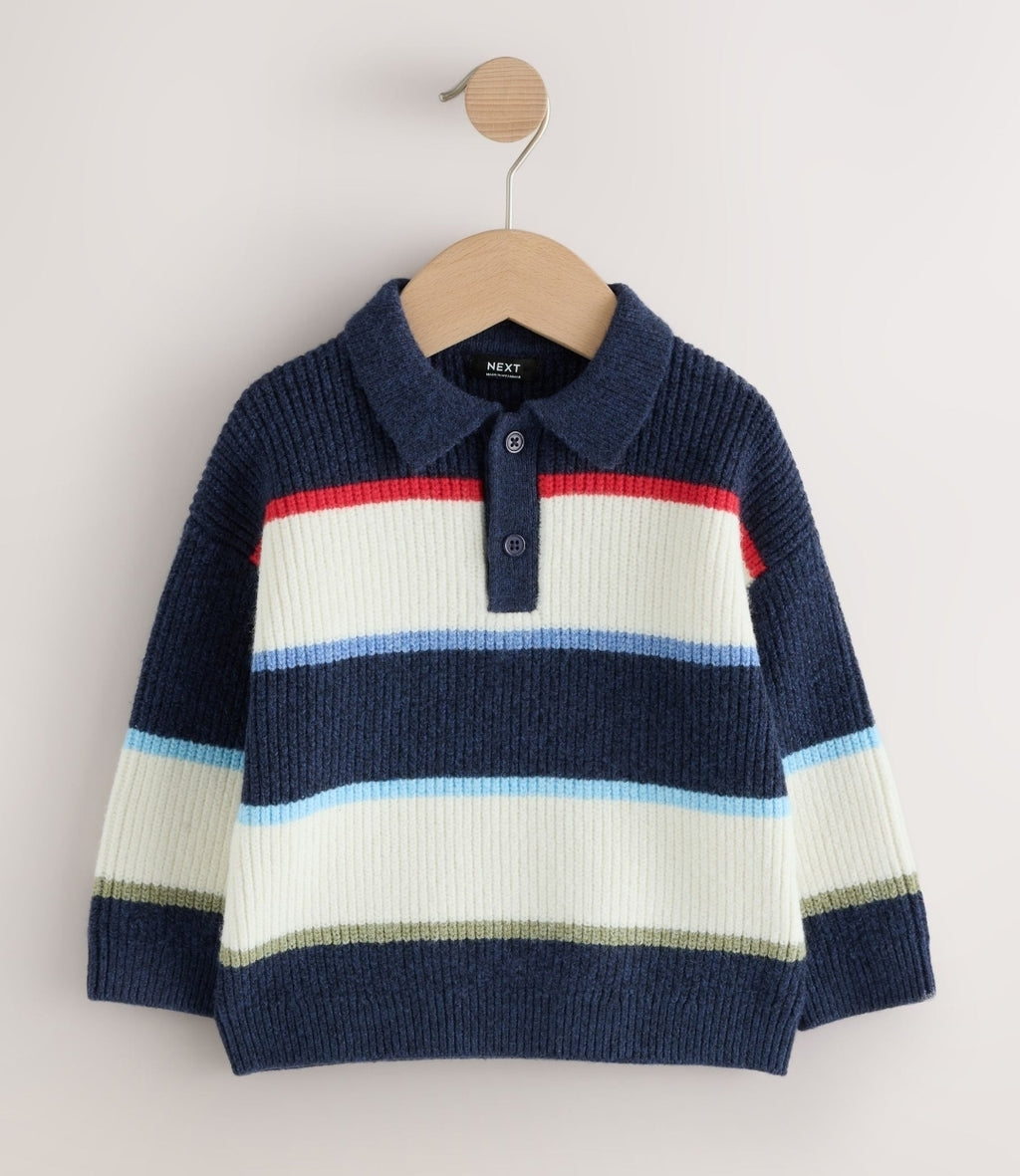 Blue/White Knitted Stripe Rugby Polo Shirt