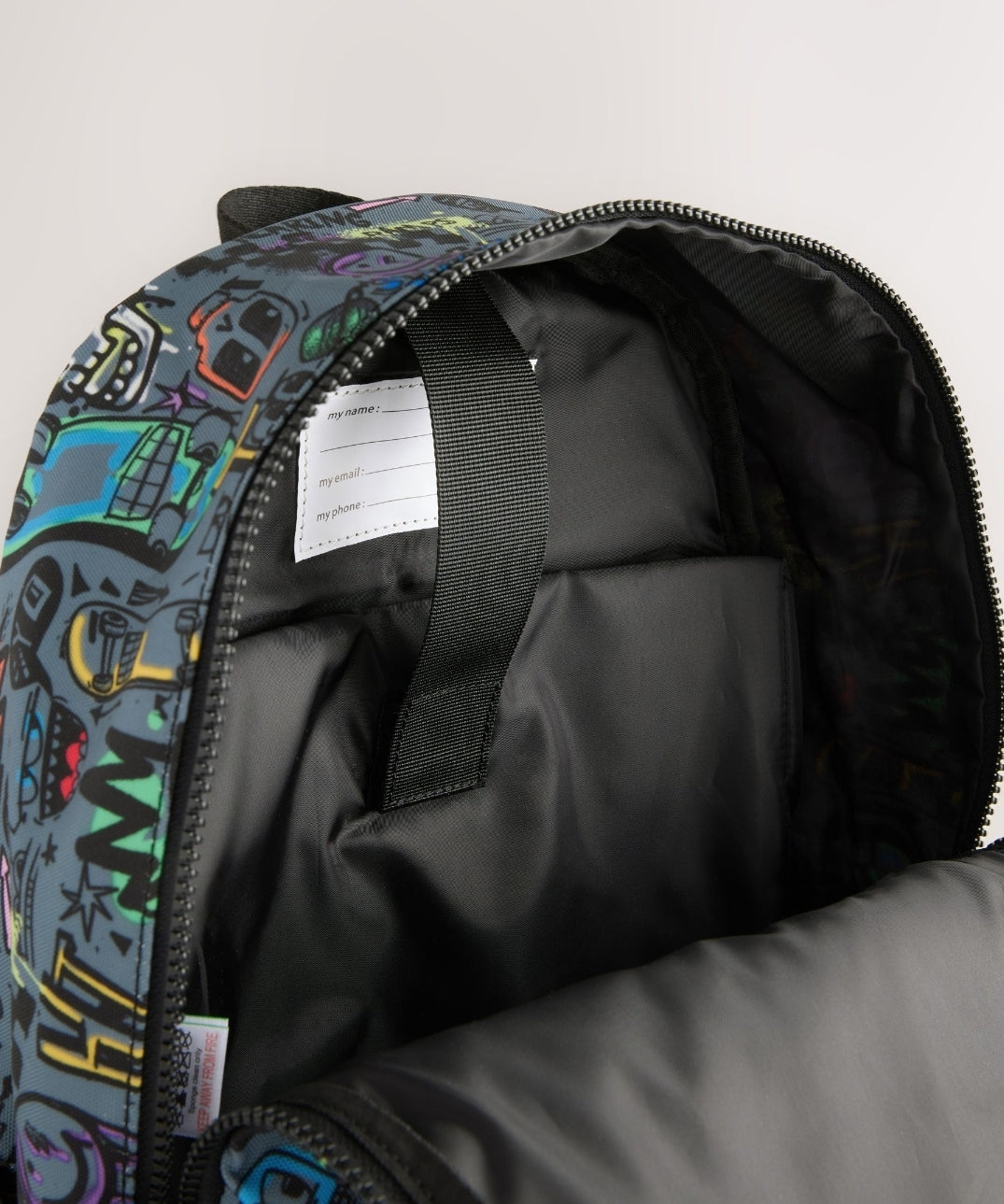 Grey Doodle Print Backpack.        16 inches