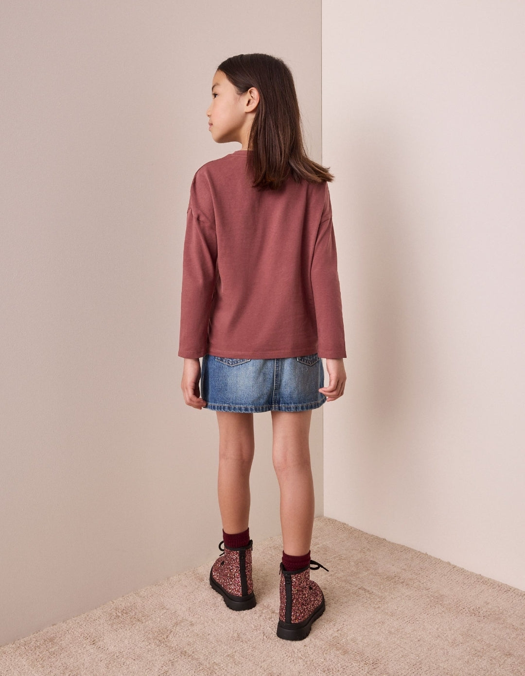 Brown Spot Long Sleeve Sequin Heart Top
