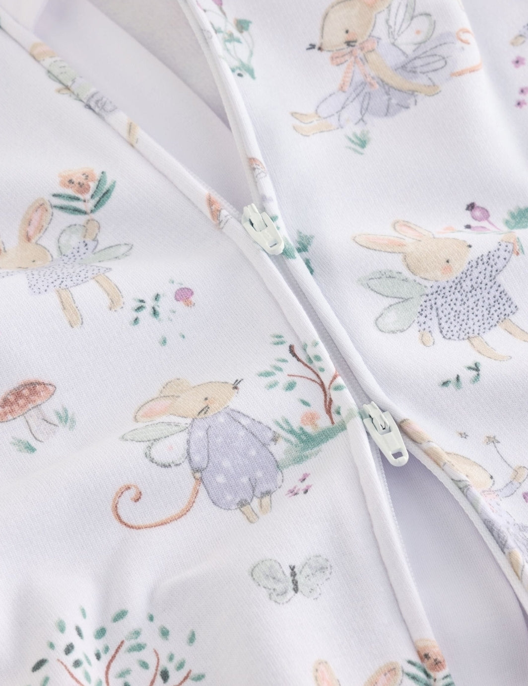 White/Lilac Fairy Mouse Fleece Lined Two Way Zip Baby Sleepsuit