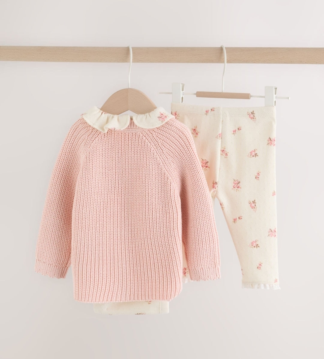 White Floral Bodysuit, Legging with Pink Knitted Cardigan Baby