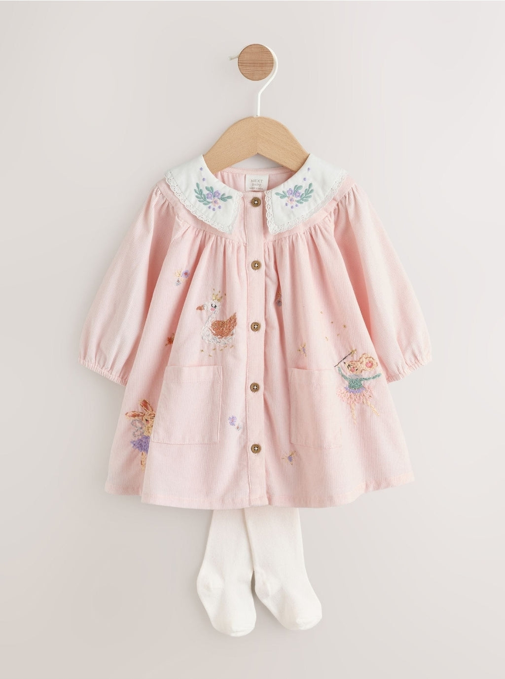 Pink Fairy Mouse Baby Woven Collar Dress with Tights