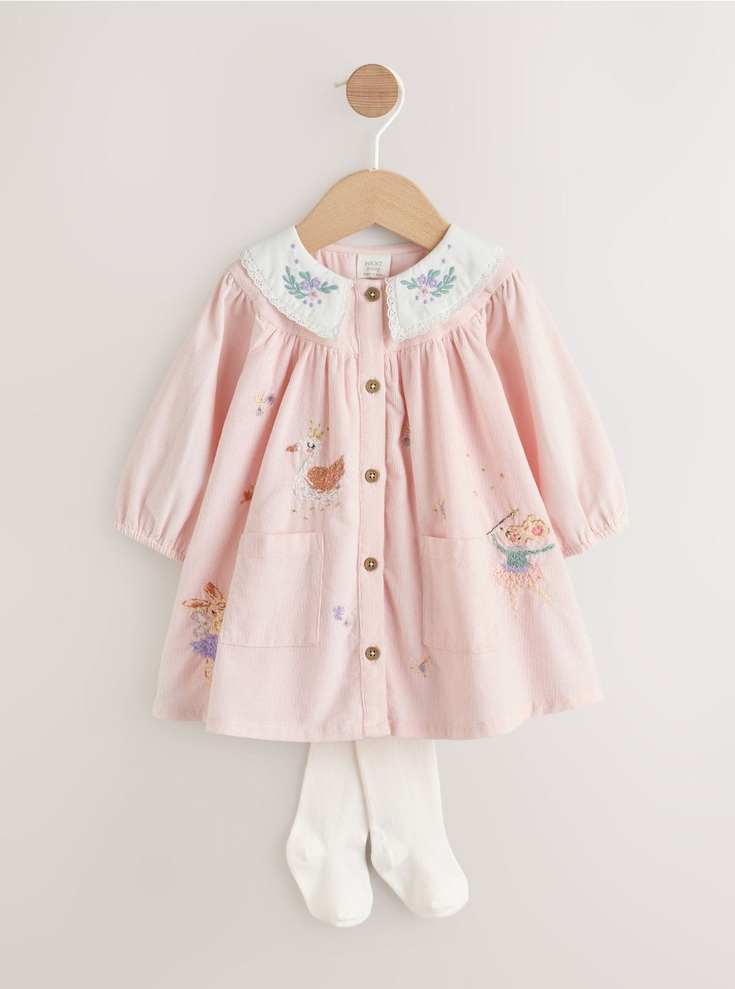 Pink Fairy Mouse Baby Woven Collar Dress with Tights