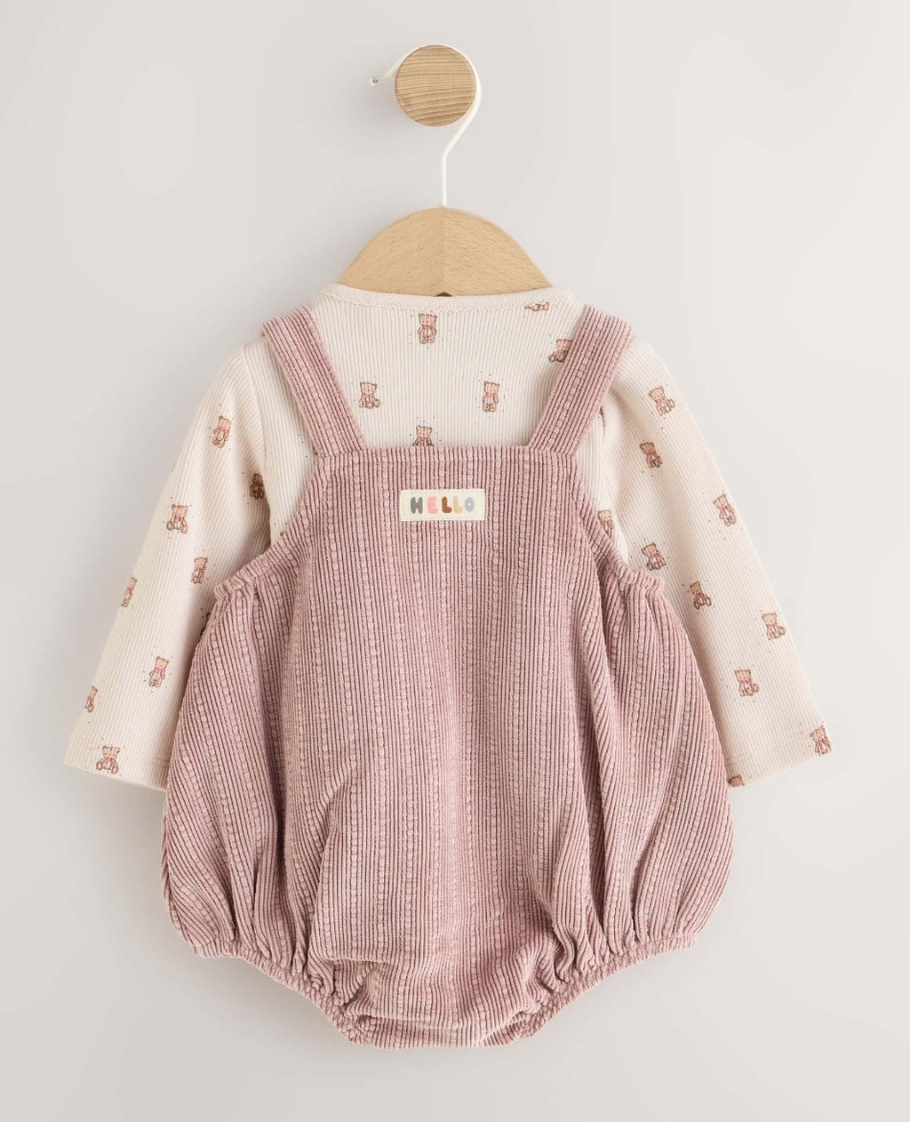 Pink Bear Cord Baby Long Sleeve Bodysuit, Romper And Tights