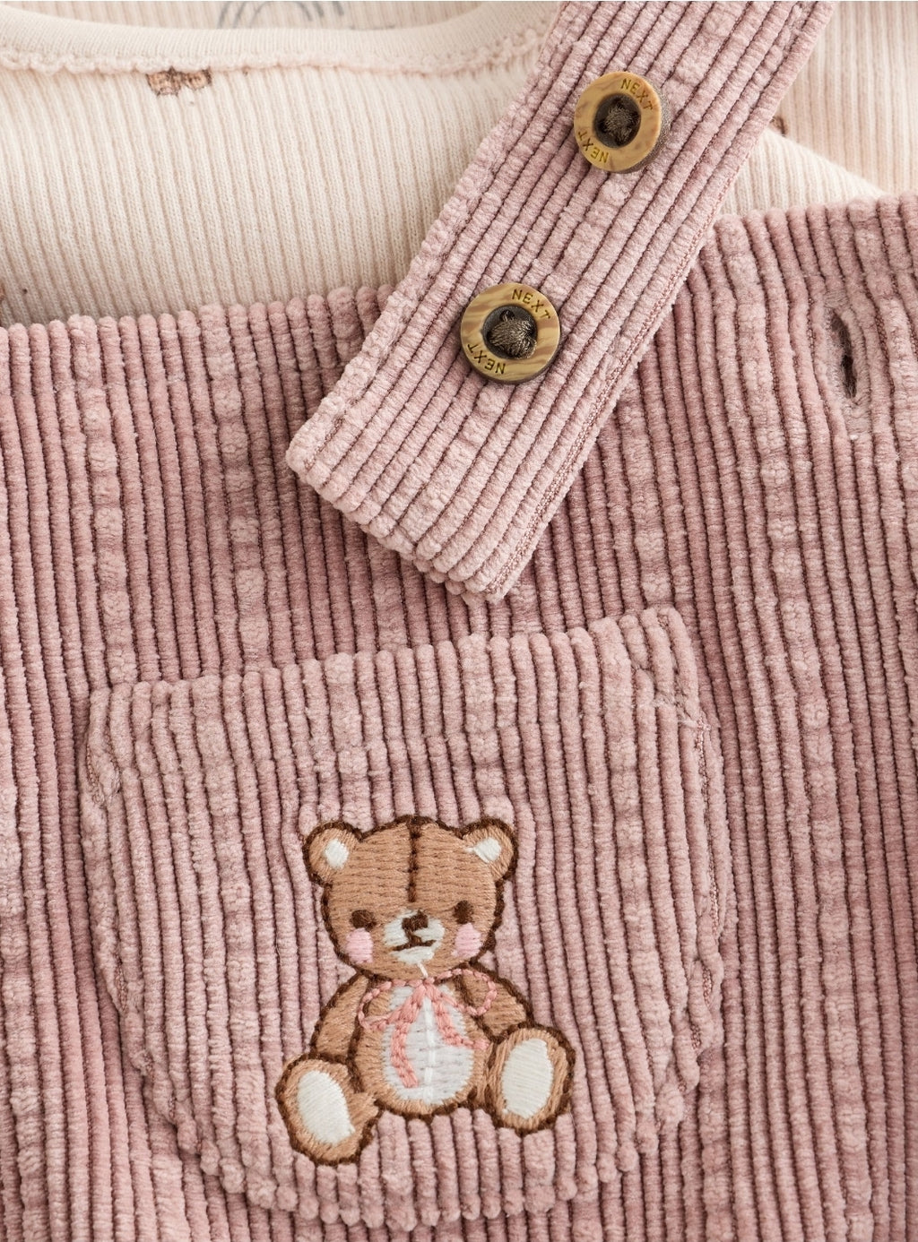 Pink Bear Cord Baby Long Sleeve Bodysuit, Romper And Tights