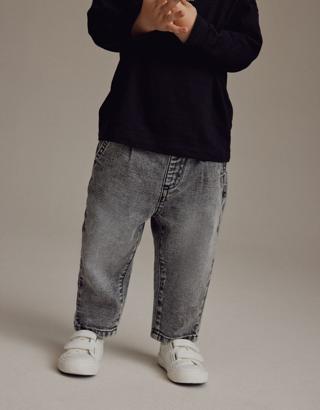 Grey Denim Loose Fit Pleat Front Jeans