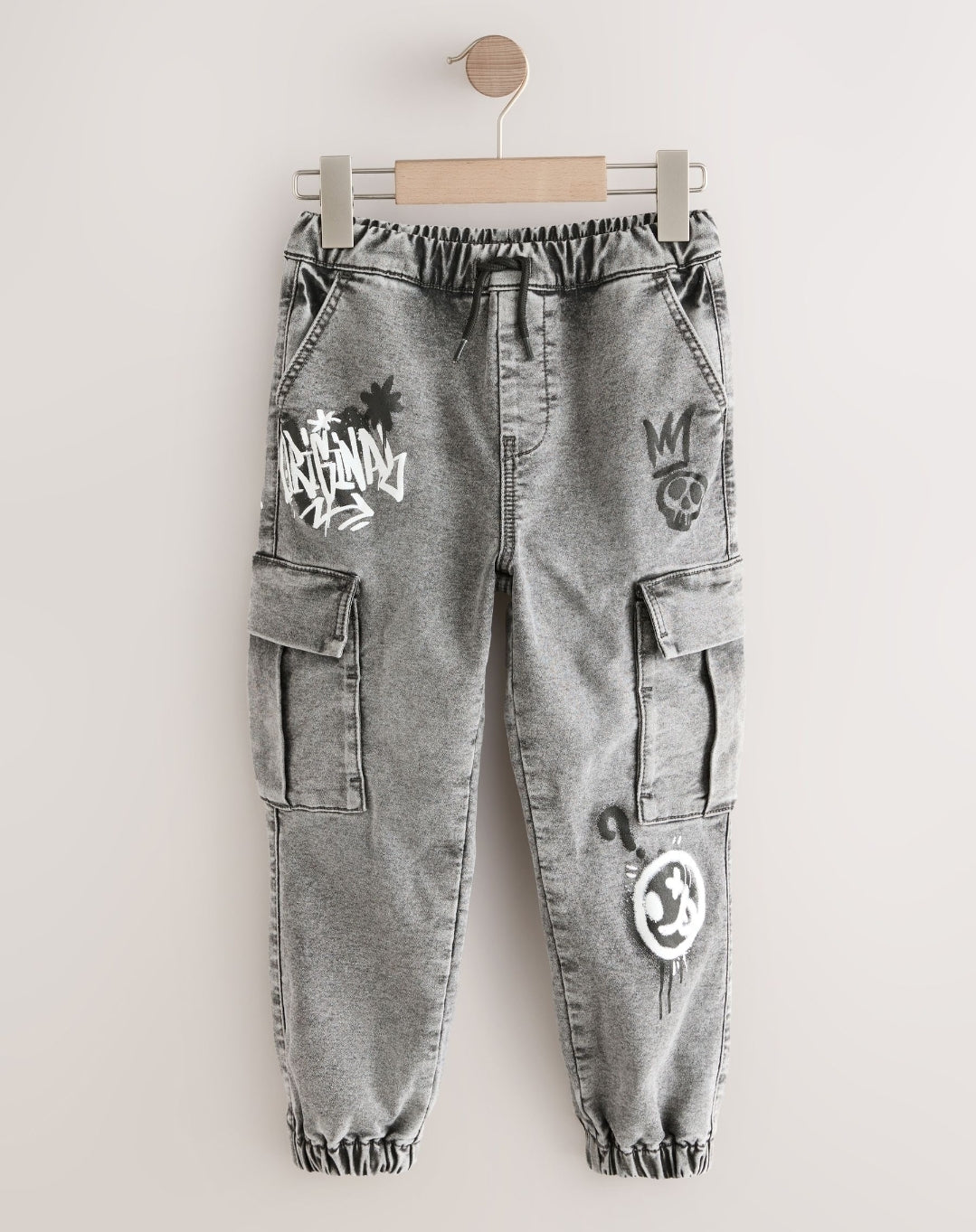 Grey Graffiti Cargo Jeans With Elasticated Waist