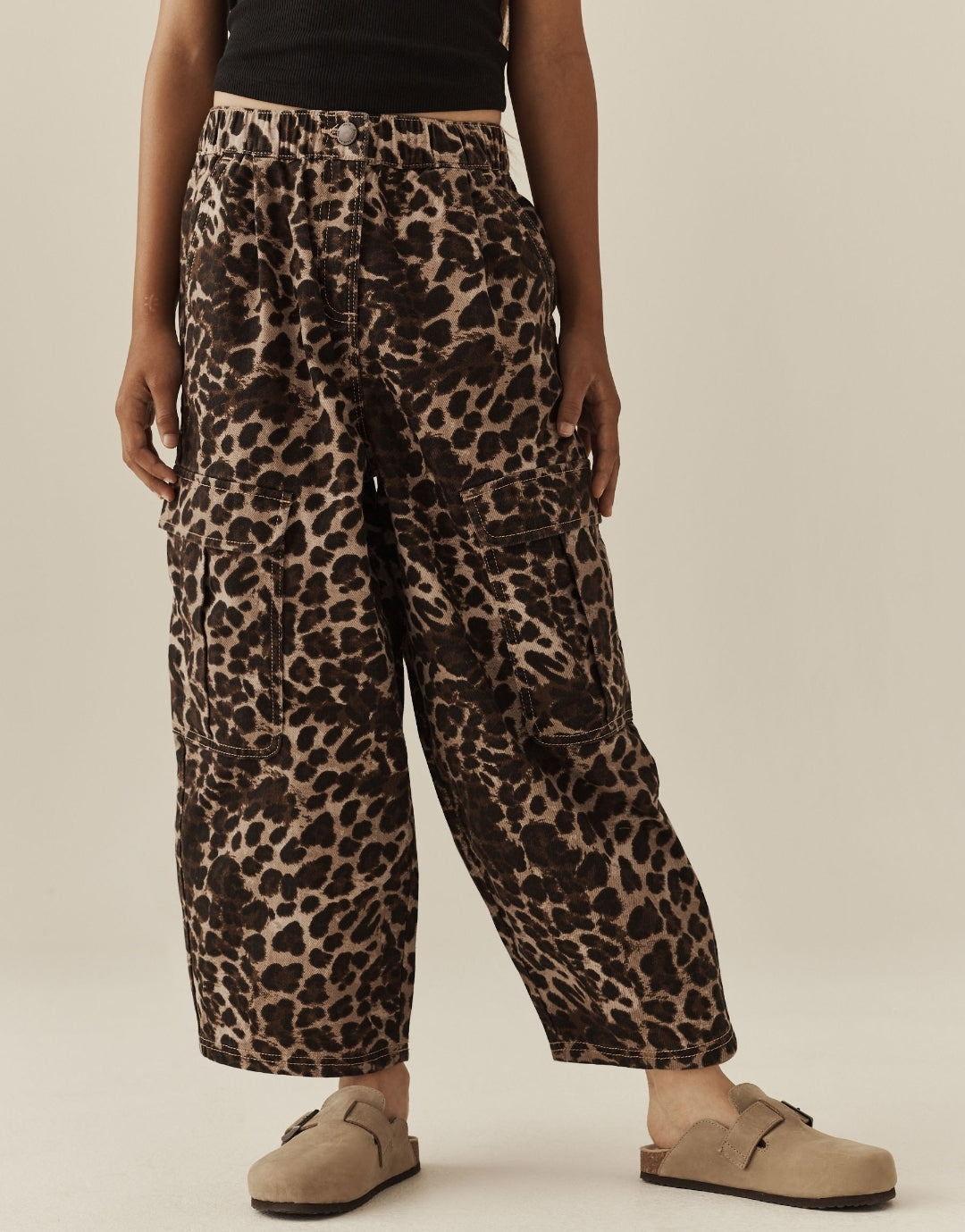 Animal Print Cargo Barrel Jeans