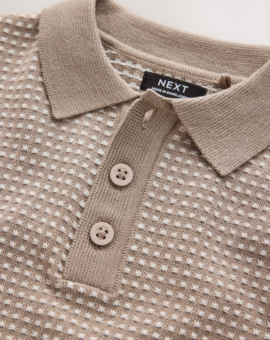 Neutral Textured Knitted Popper Neck Polo Shirt