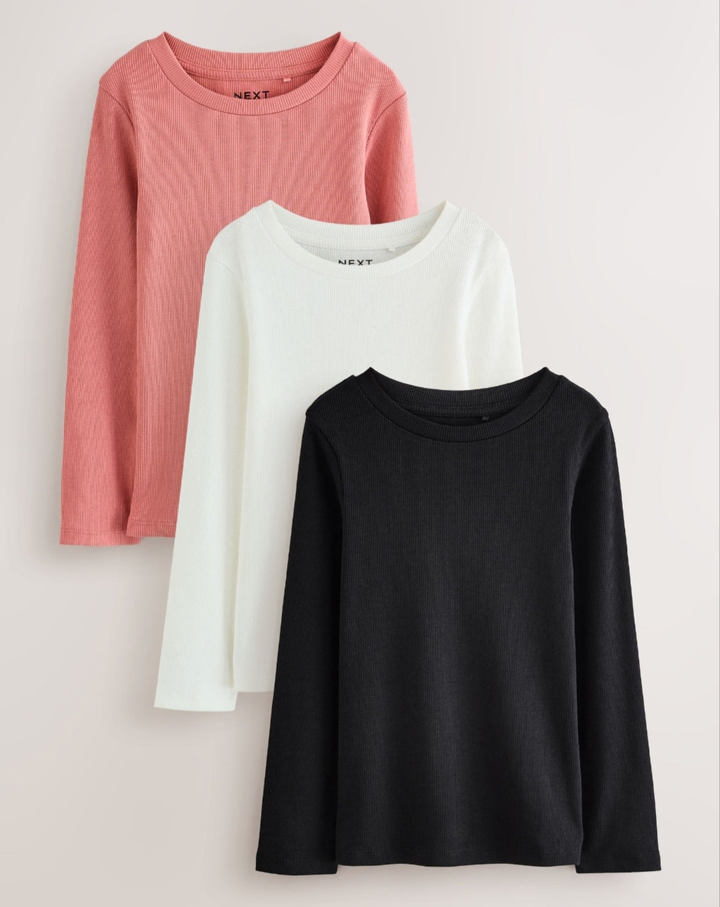 Black/Pink/White Long Sleeve Ribbed Tops 3 Pack