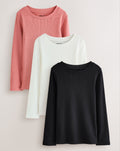 Black/Pink/White Long Sleeve Ribbed Tops 3 Pack