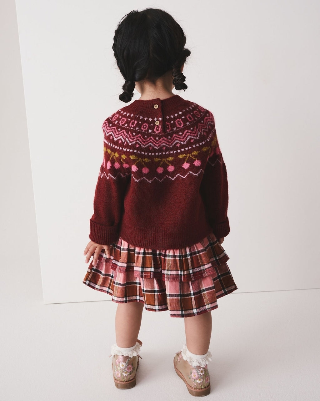 Berry and Pink Fairisle Jumper and Check Skirt Set