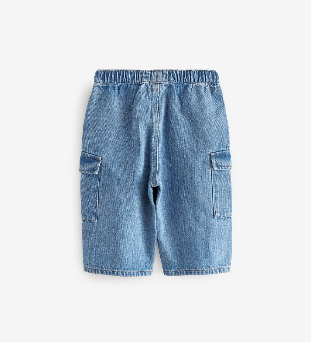 Mid Blue Denim Wide Leg Pull On Cargo 100% Cotton Jeans