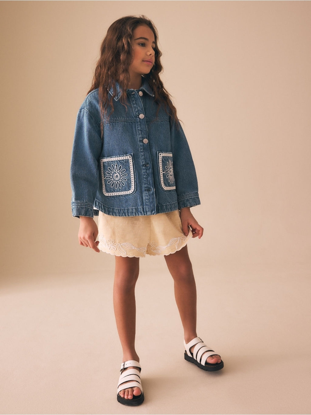 Mid Blue Denim Crochet Pocket Shacket