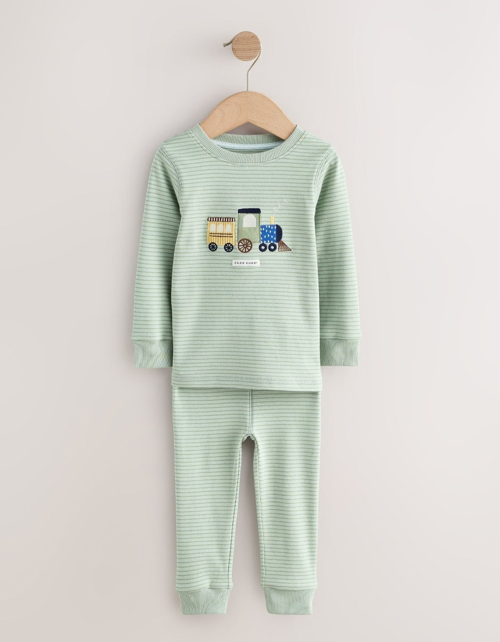 Green/Ecru Train Mini Print Snuggle Pyjamas 3 Pack
