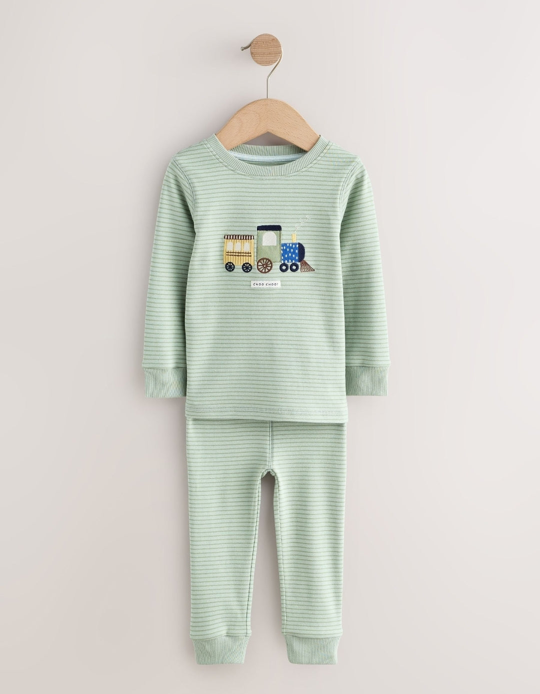 Green/Ecru Train Mini Print Snuggle Pyjamas 3 Pack