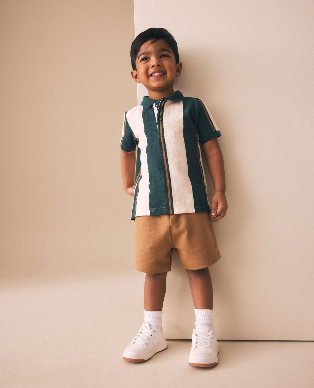 Green/Ecru Stripe Short Sleeve Polo Shirt and Shorts Set