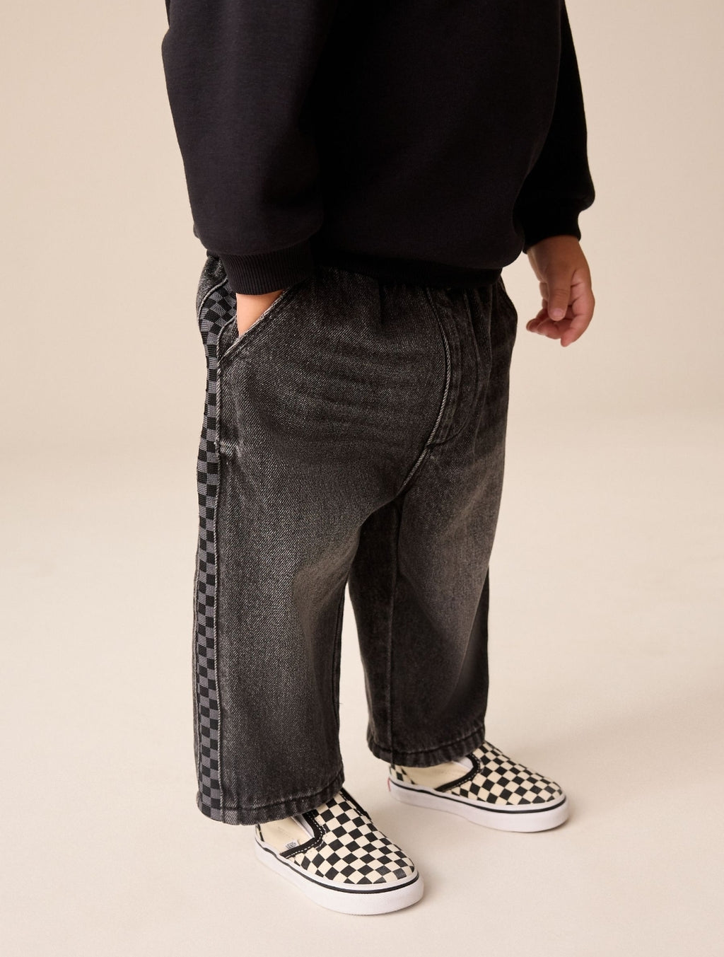 Grey Checkeboard Side Stripe Wide Fit Jeans