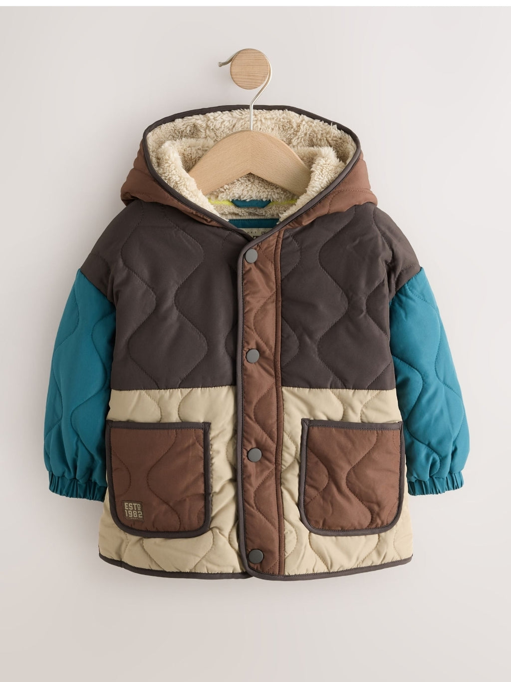 Brown Colour Block Quilted Coat