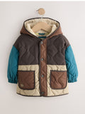 Brown Colour Block Quilted Coat