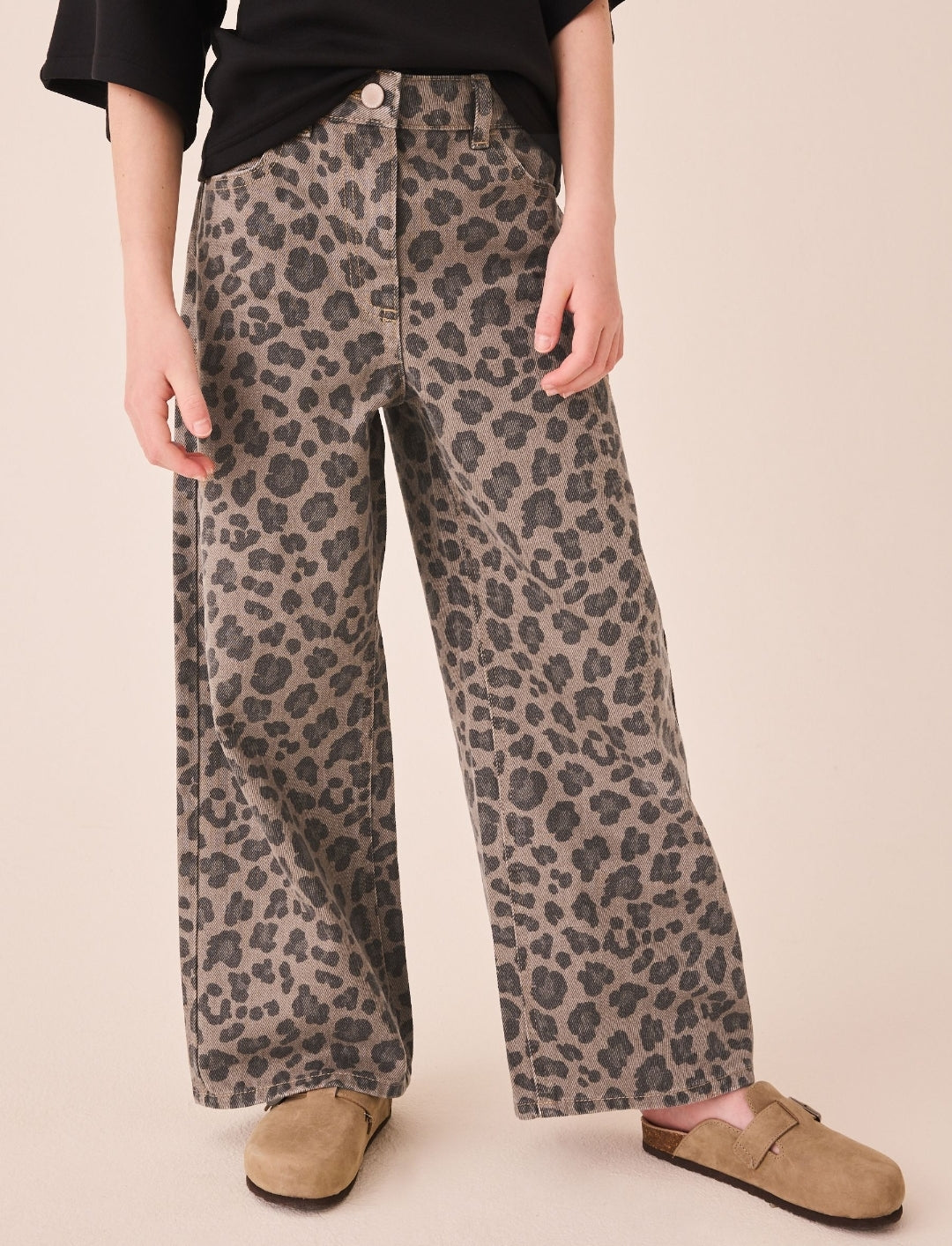Grey Animal Print Wide Leg Jeans