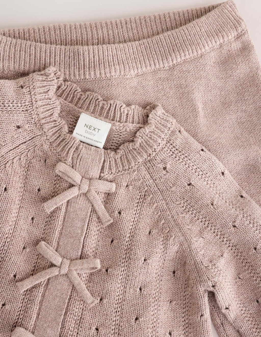 Chocolate Brown Frill Knitted Bow Baby Cardigan & Leggings Set 2