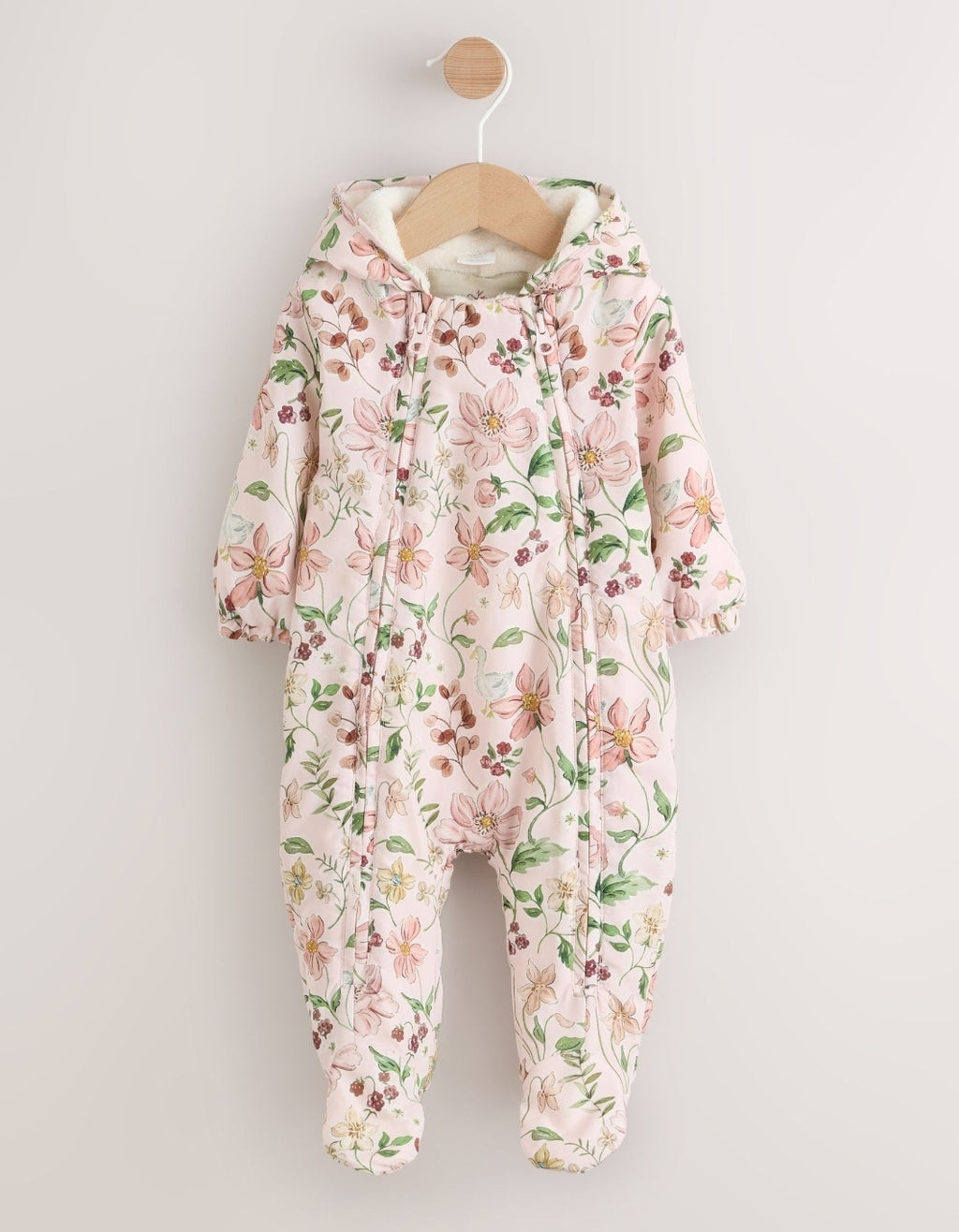 Pink Floral All-Over Printed Double Zip Baby Hooded Pramsuit