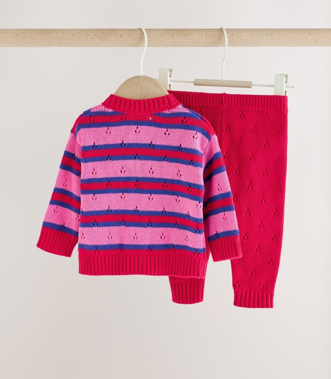 Red Stripe Knitted Bow Cardigan and Leggings Baby 2 Piece Set