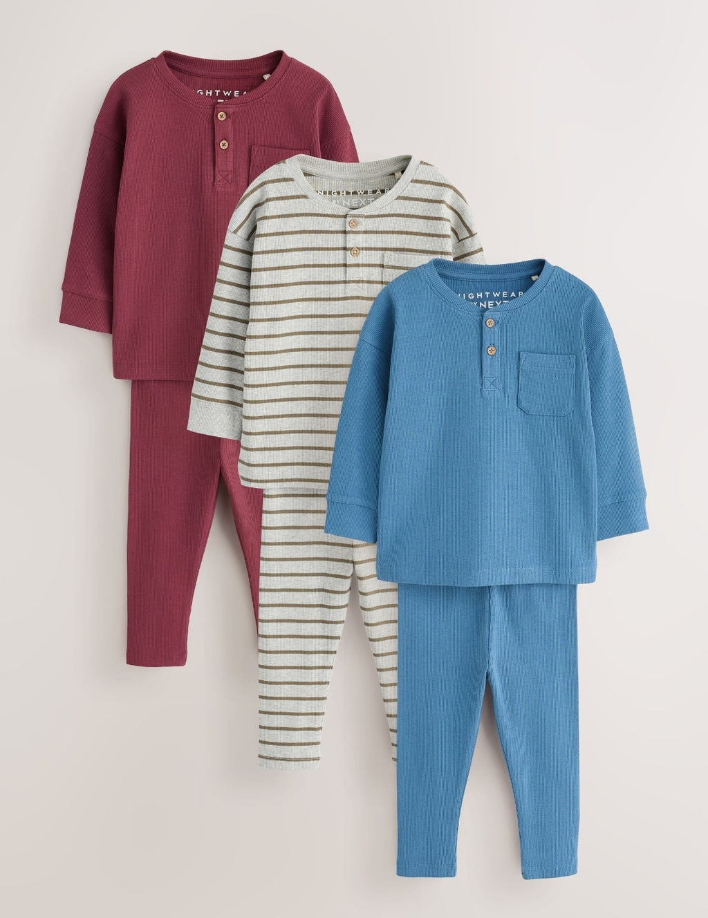 Blue/Grey/Maroon Snuggle Pyjamas Set 3 Pack
