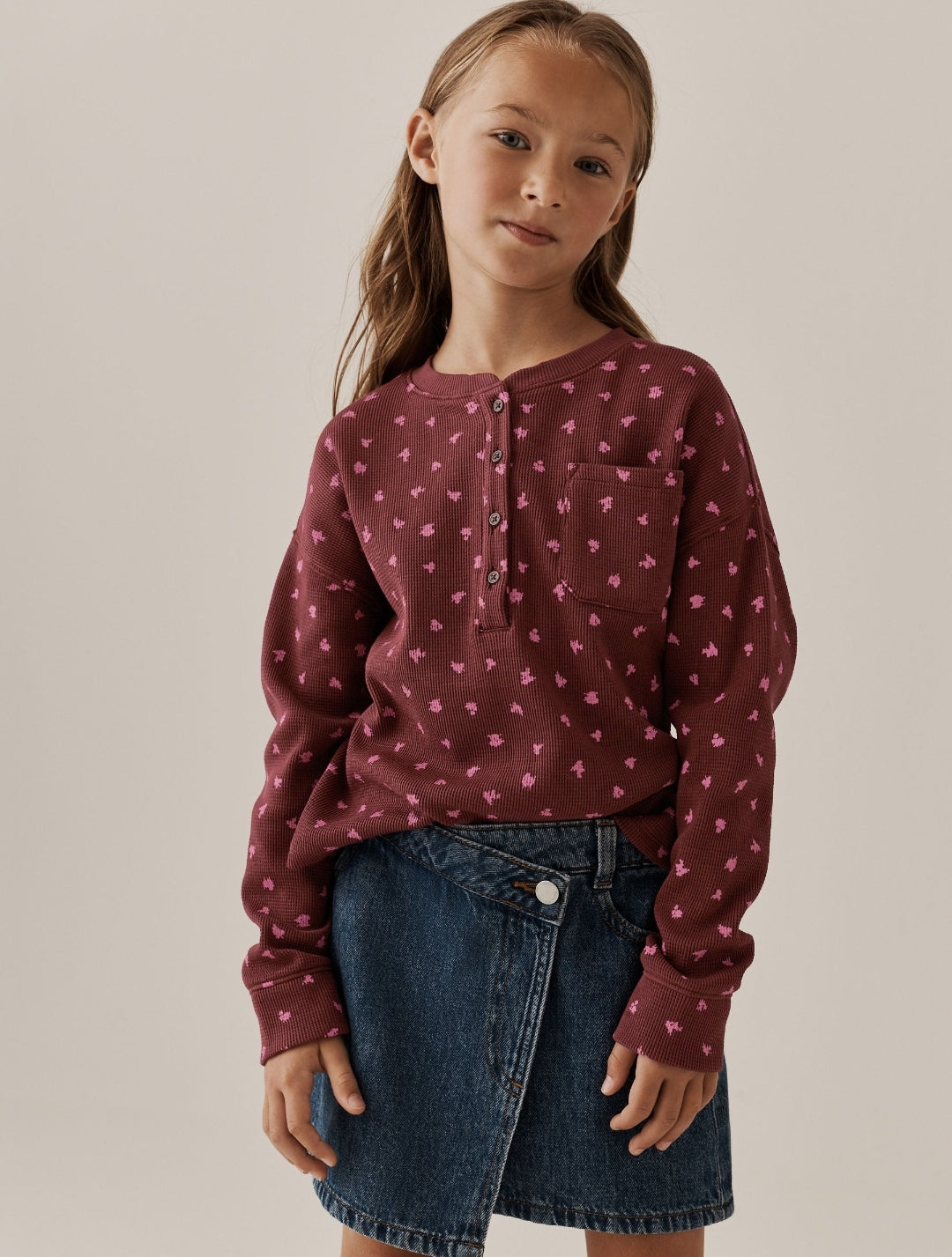 Burgundy Ditsy Waffle Henley Top