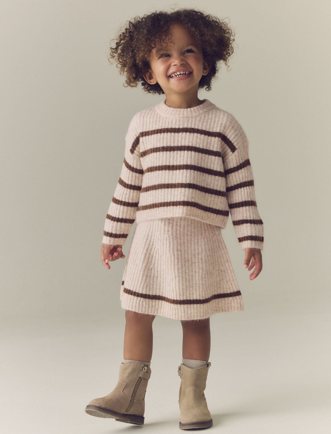 Ecru and Chocolate Stripe Rib Skirt Set
